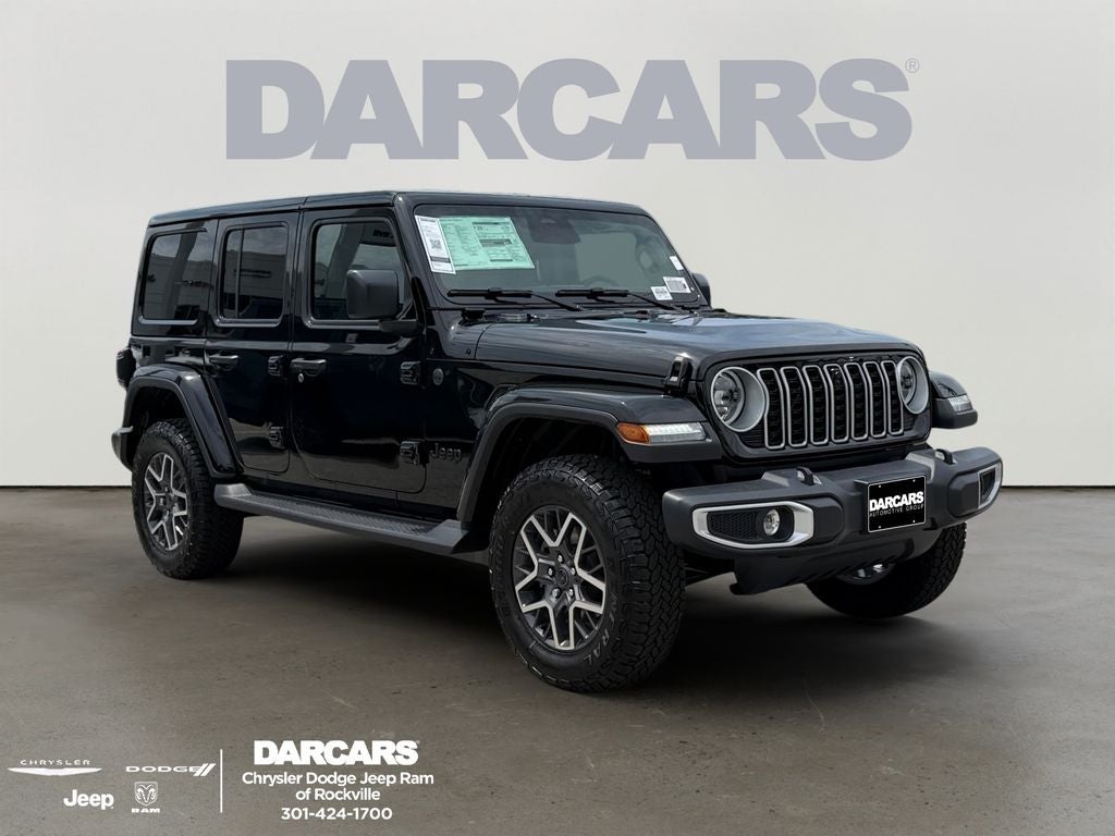 2026 Jeep Wrangler Sahara in Black Clear-Coat Exterior Paint — front three-quarter view