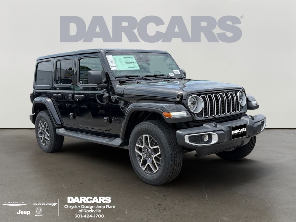 2026 Jeep Wrangler Sahara in Black Clear-Coat Exterior Paint — front three-quarter view