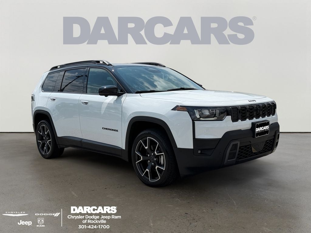2026 Jeep Cherokee Overland in Bright White Clear-Coat Exterior Paint — front three-quarter view