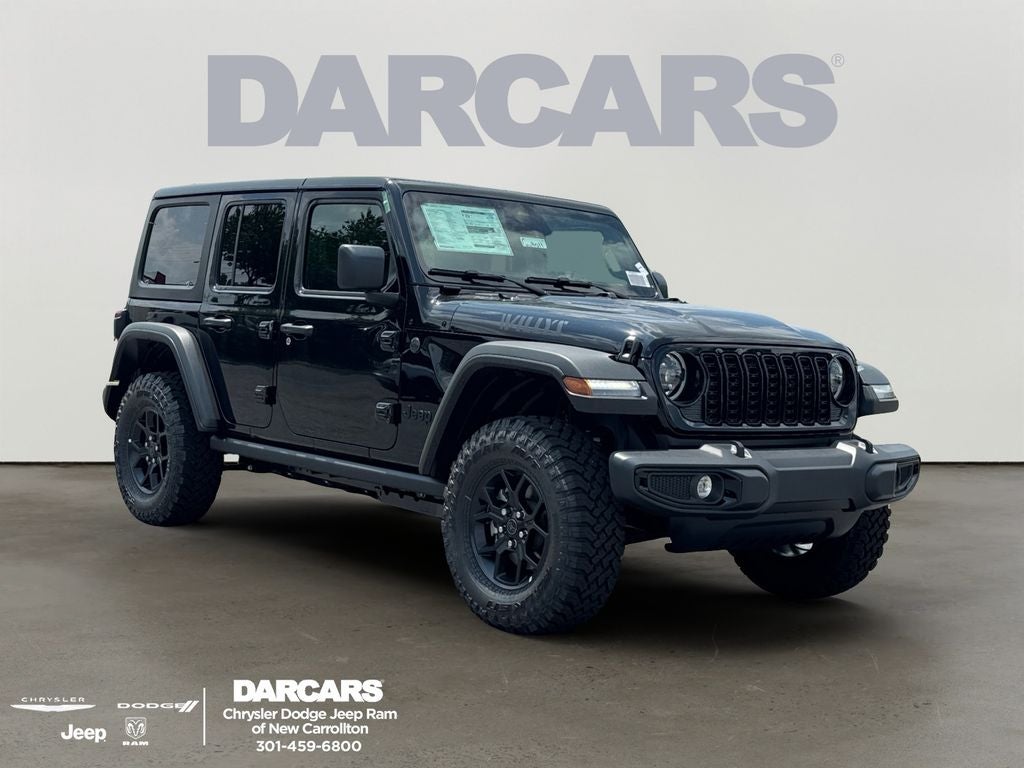 2026 Jeep Wrangler Willys Safety & Convenience Pkg in Black Clear-Coat Exterior Paint — front three-quarter view