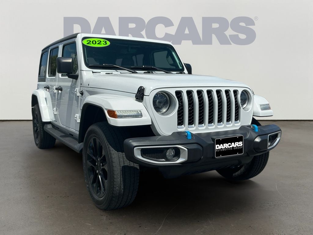 2023 Jeep Wrangler Sahara 4xe in Bright White Clearcoat — front three-quarter view