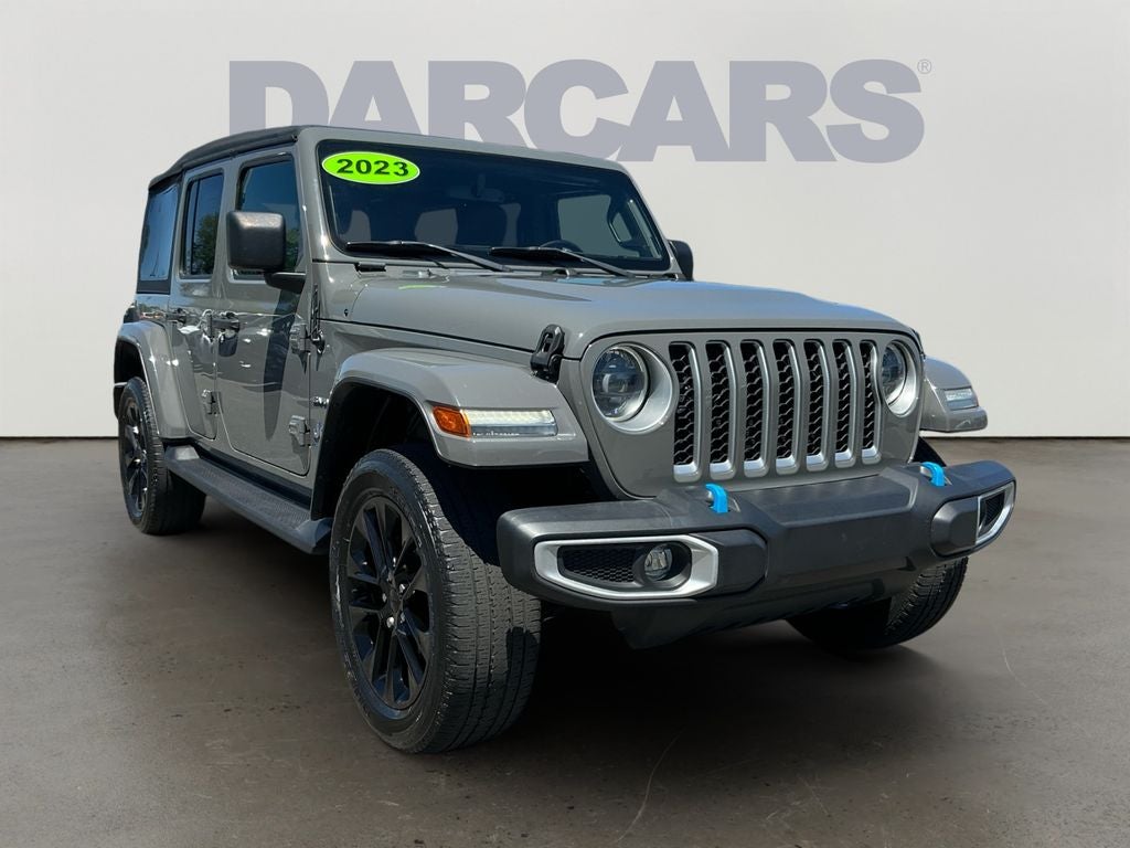 2023 Jeep Wrangler Sahara 4xe in Sting-Gray Clearcoat — front three-quarter view