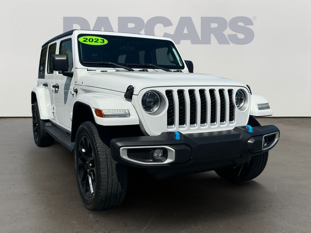 2023 Jeep Wrangler Sahara 4xe in Bright White Clearcoat — front three-quarter view